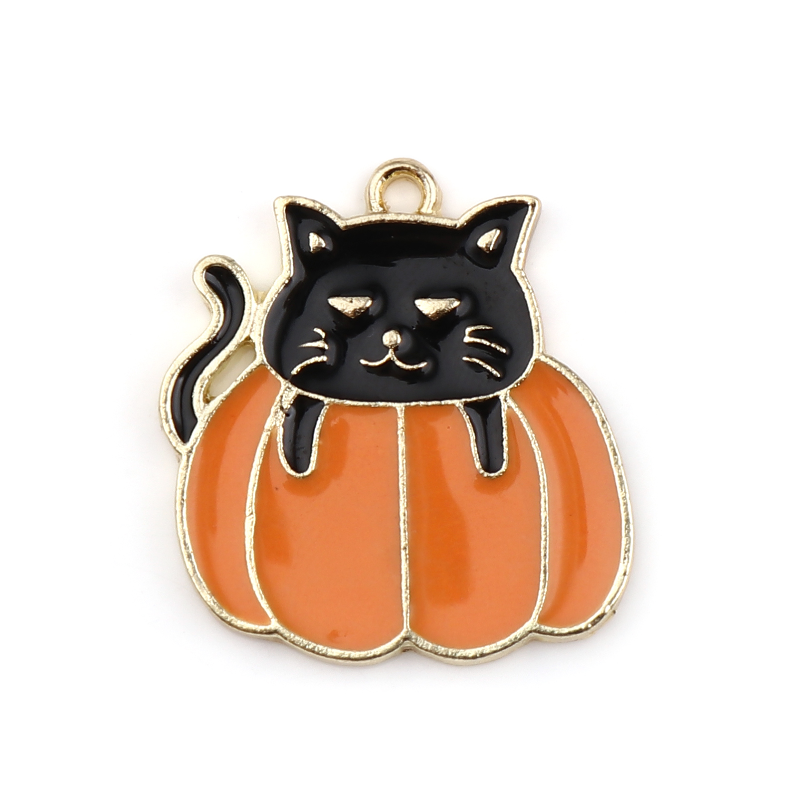 Picture of Zinc Based Alloy Charms Cat Animal Gold Plated Black & Orange Halloween Pumpkin Enamel 21mm x 20mm, 10 PCs