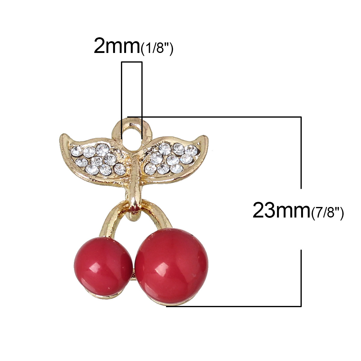 Picture of Zinc Based Alloy Charms Cherry Fruit Light Golden Red Clear Rhinestone 23mm( 7/8") x 15mm( 5/8"), 5 PCs