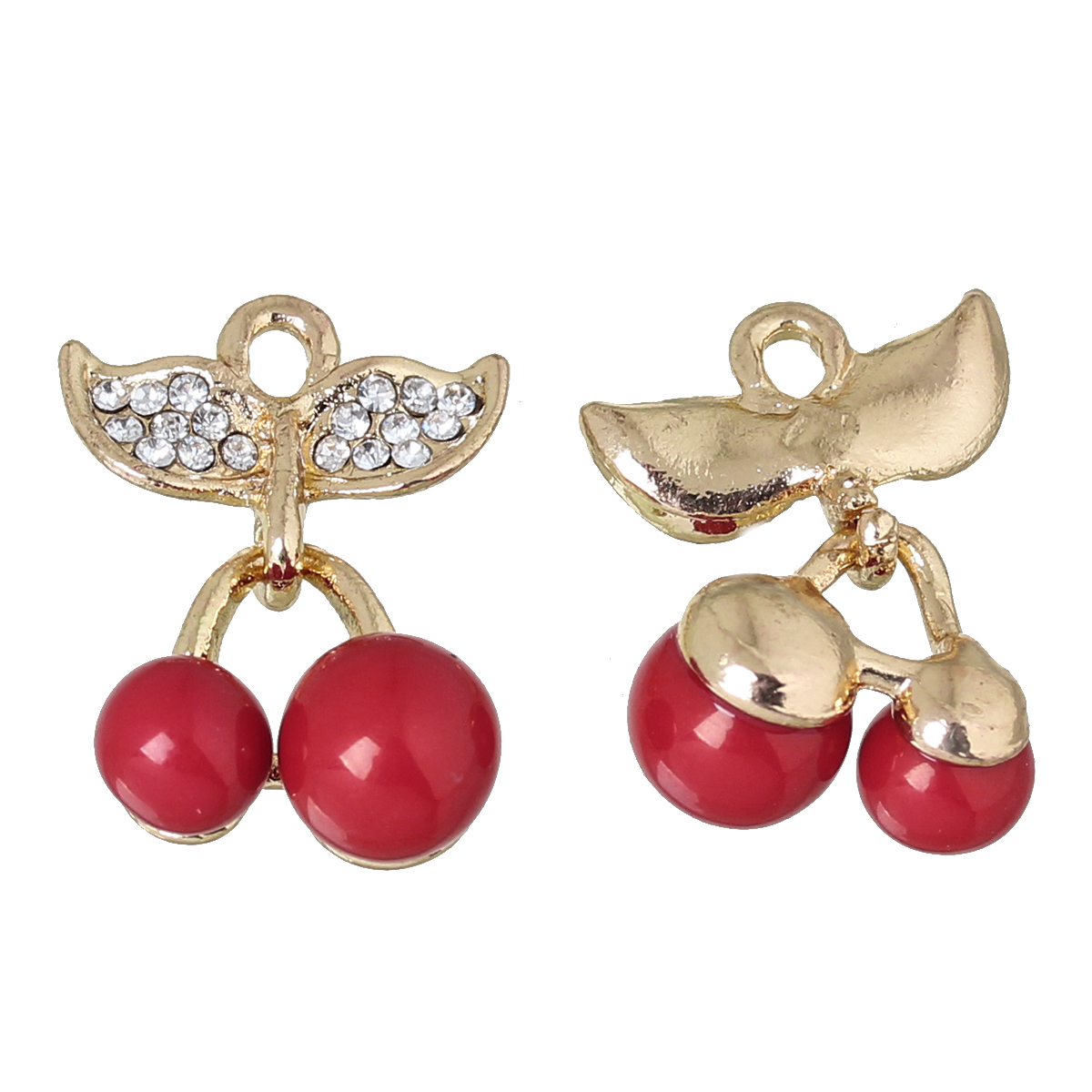 Picture of Zinc Based Alloy Charms Cherry Fruit Light Golden Red Clear Rhinestone 23mm( 7/8") x 15mm( 5/8"), 5 PCs