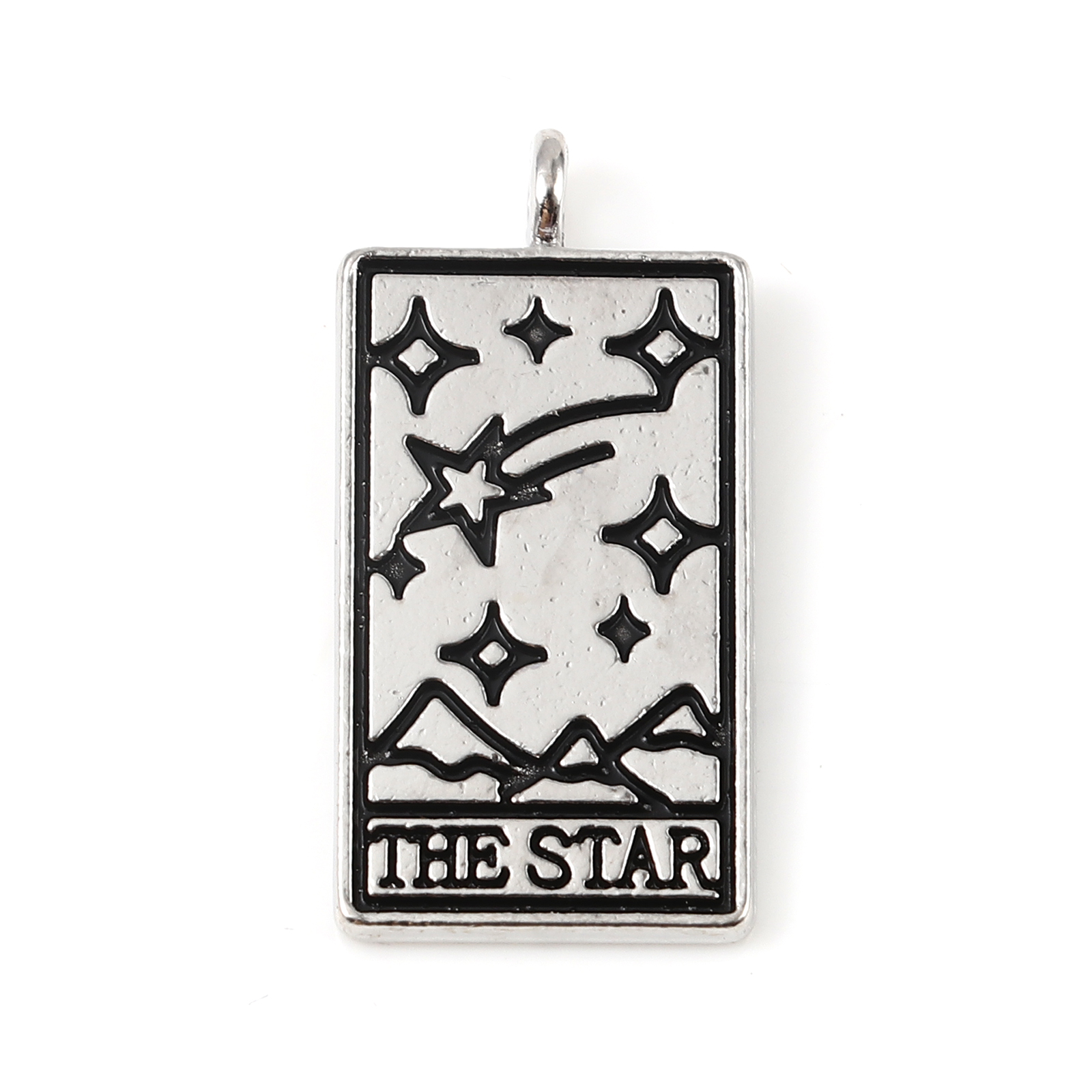 Picture of Zinc Based Alloy Tarot Charms Rectangle Silver Tone Black Message " THE STAR " 26mm x 13mm, 5 PCs