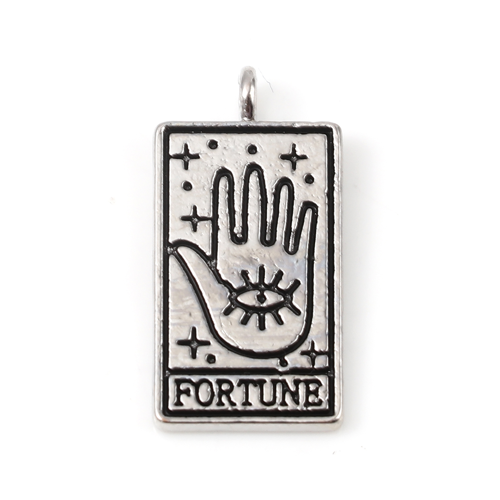 Picture of Zinc Based Alloy Tarot Charms Rectangle Silver Tone Black Hand Message " Fortune " 26mm x 13mm, 5 PCs