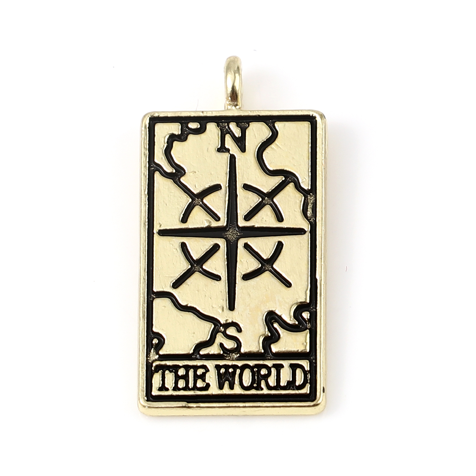 Picture of Zinc Based Alloy Tarot Charms Rectangle Gold Plated Black Message " THE WORLD " 26mm x 13mm, 5 PCs