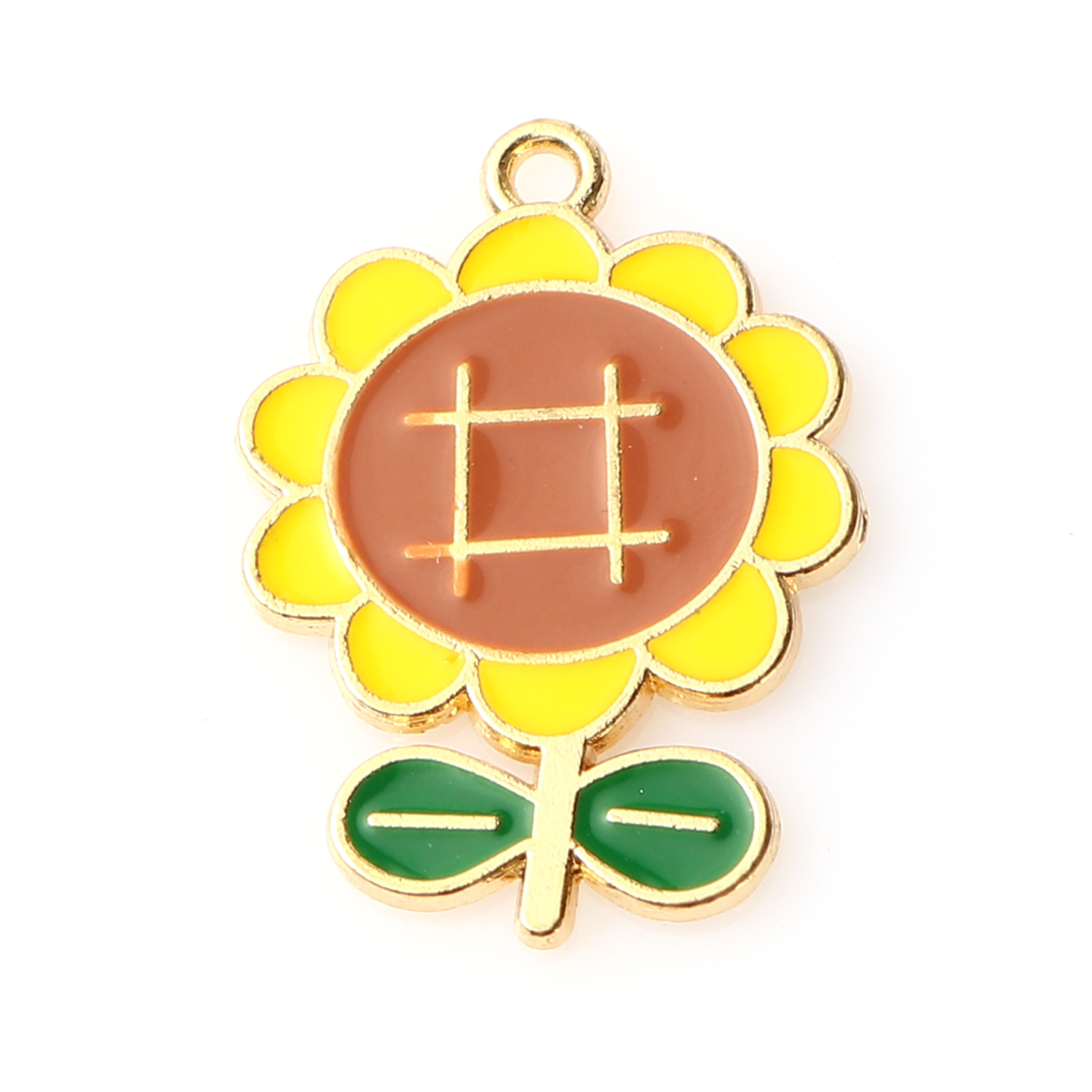Picture of Zinc Based Alloy Charms Sunflower Gold Plated Green & Yellow Enamel 28mm x 20mm, 10 PCs