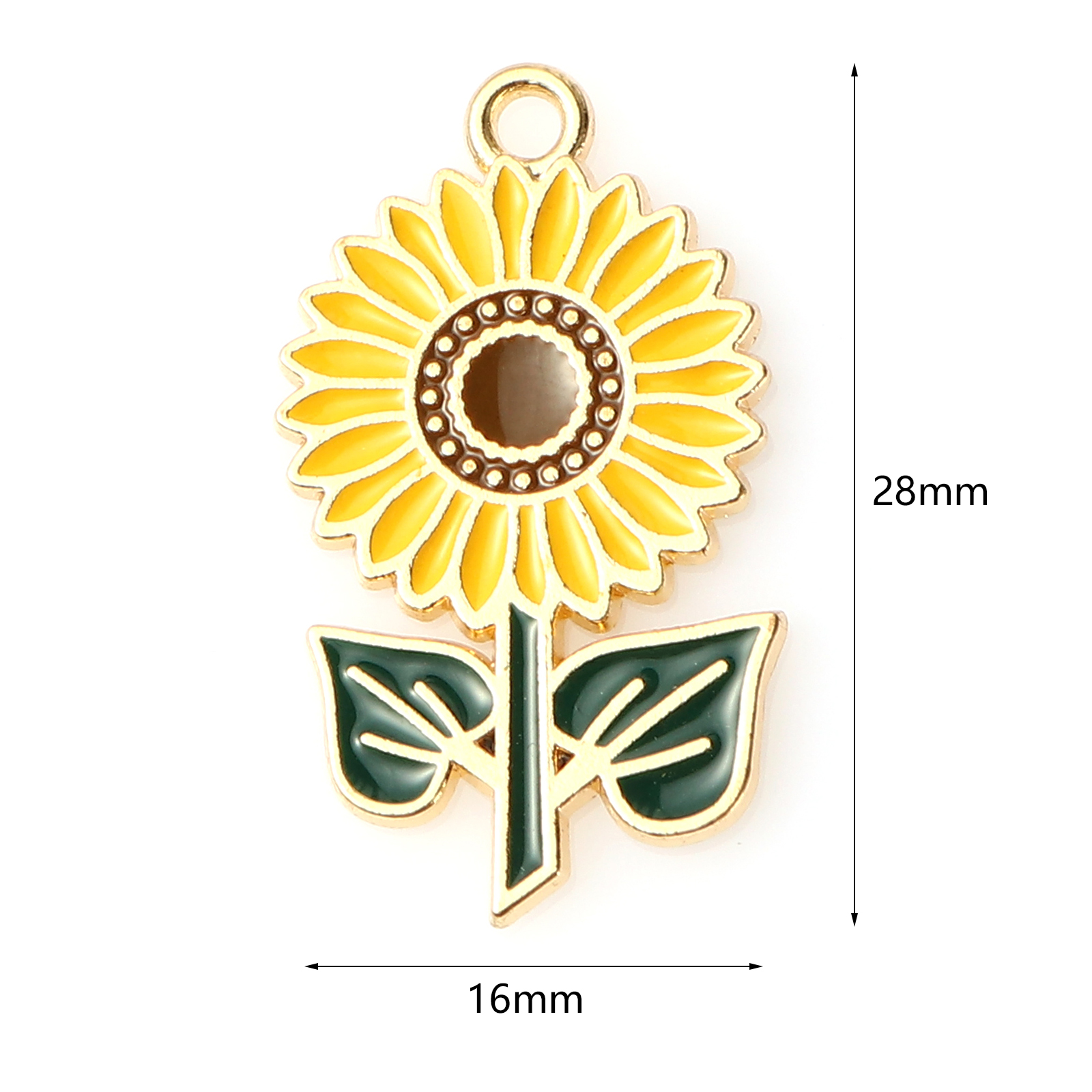 Picture of Zinc Based Alloy Charms Sunflower Gold Plated Green & Yellow Enamel 28mm x 16mm, 10 PCs