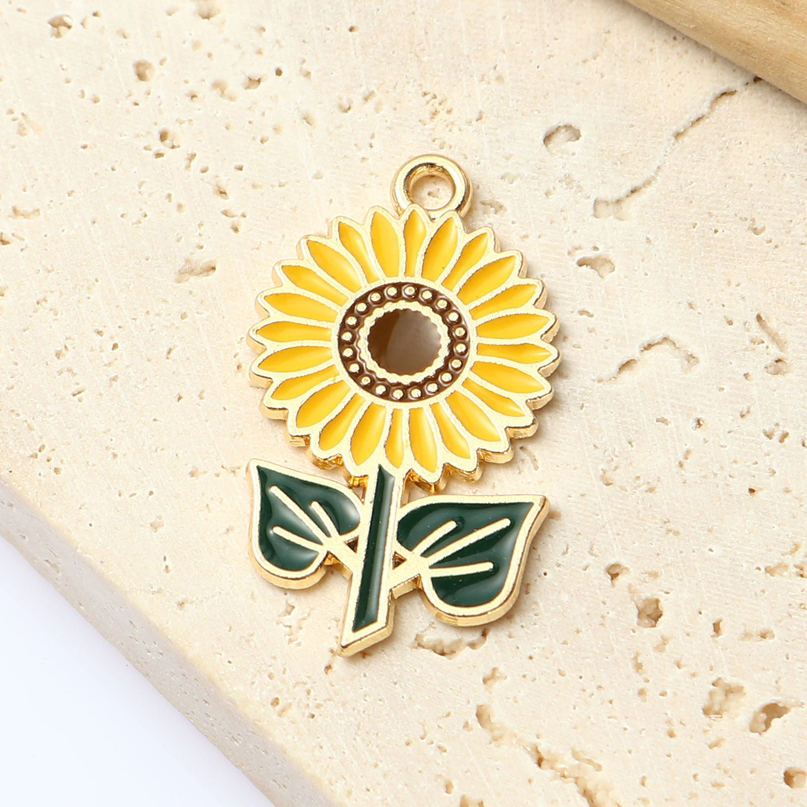 Picture of Zinc Based Alloy Charms Sunflower Gold Plated Green & Yellow Enamel 28mm x 16mm, 10 PCs