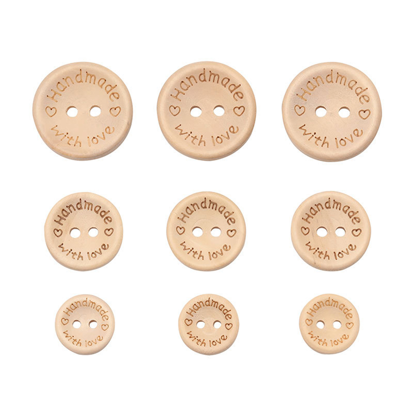 Picture of Wood Sewing Buttons Scrapbooking 2 Holes Round Natural Heart Message " Hand Made With Love " 15mm - 20mm Dia., 1 Box ( 140 PCs/Box)