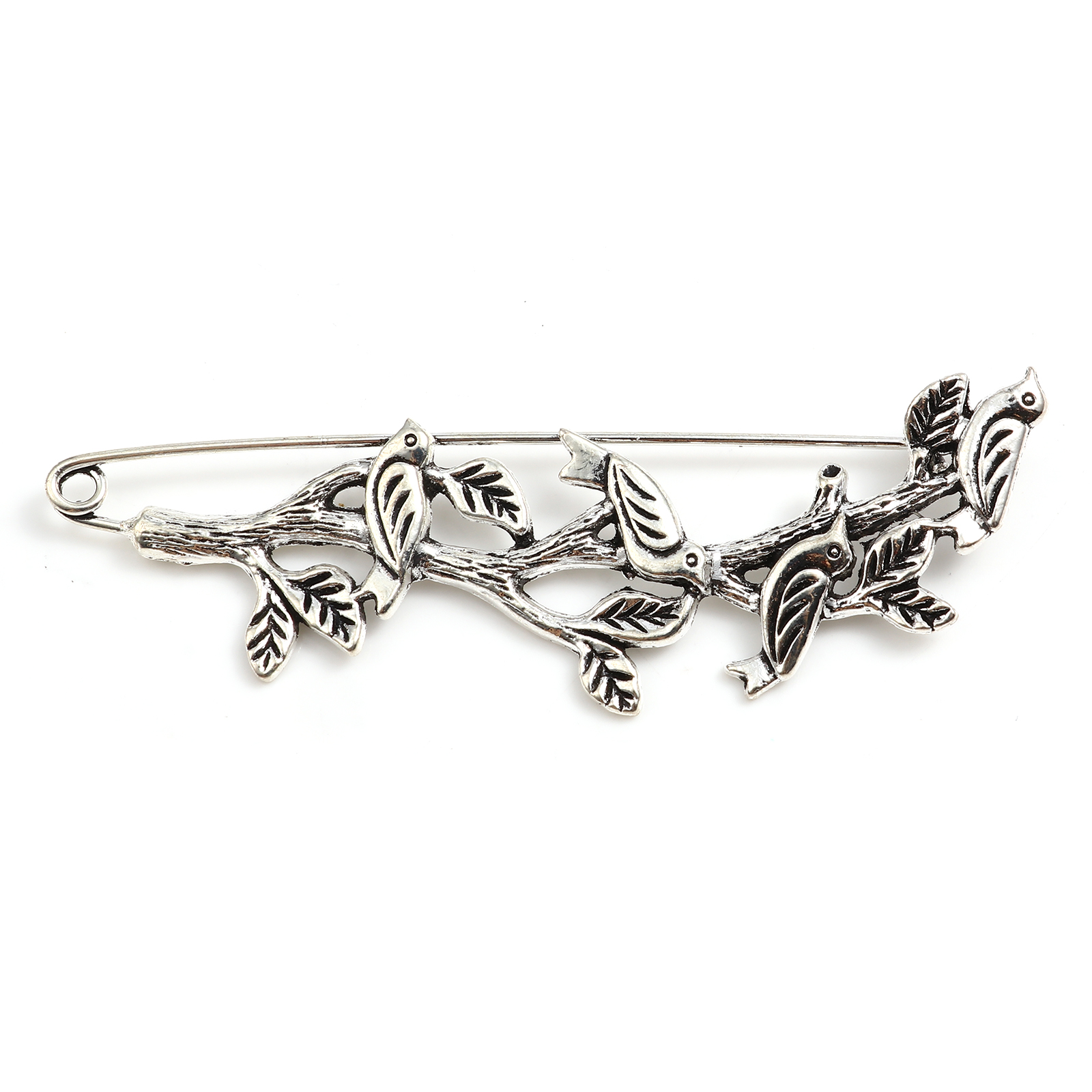 Picture of Zinc Based Alloy Pin Brooches Findings Branch Antique Silver Color Bird 8.9cm x 3.2cm, 2 PCs