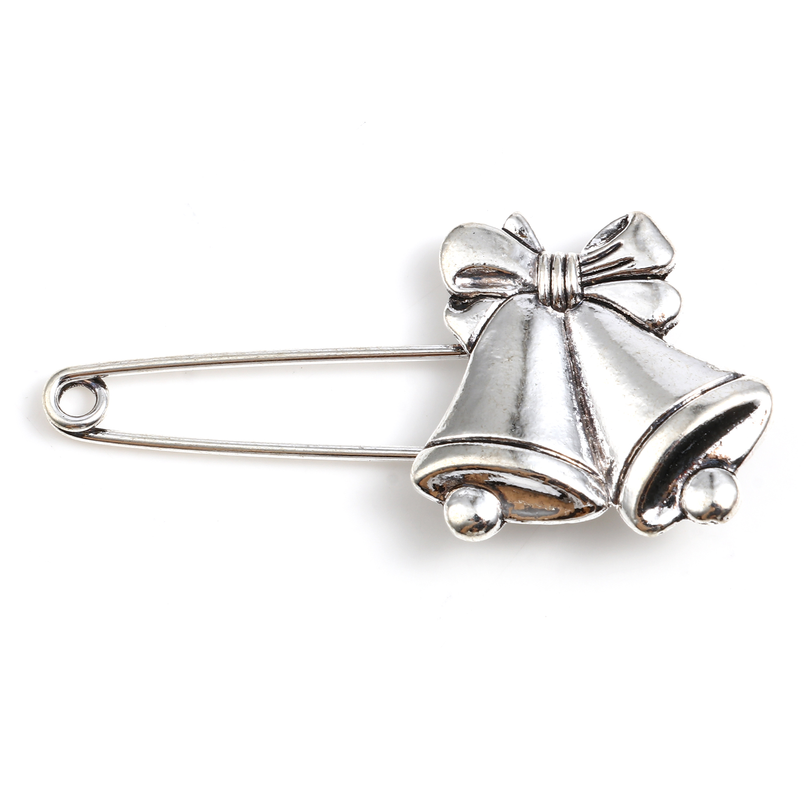 Picture of Zinc Based Alloy Pin Brooches Findings Christmas Jingle Bell Antique Silver Color 6cm x 2.8cm, 2 PCs