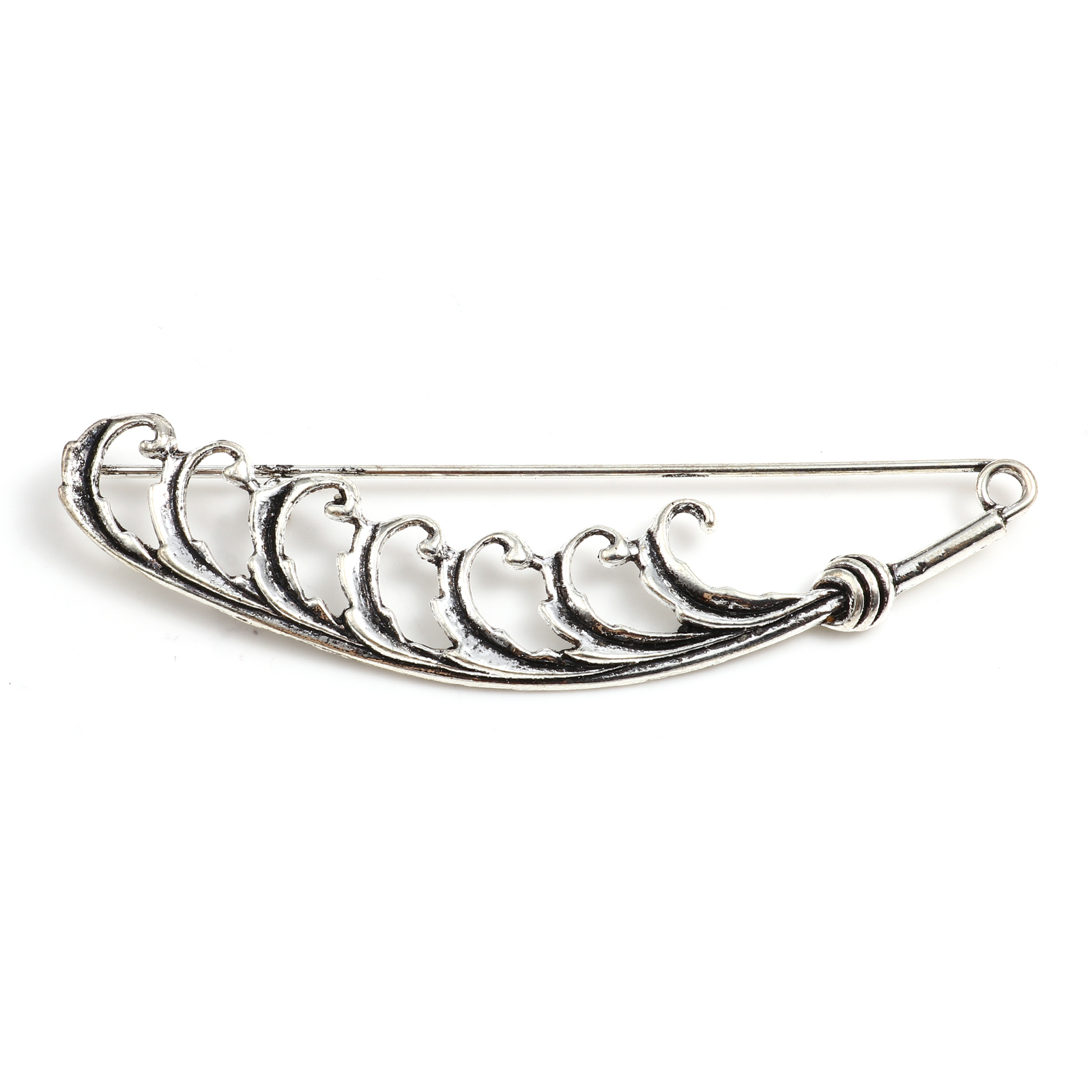 Picture of Zinc Based Alloy Pin Brooches Findings Wave Antique Silver Color 8.9cm x 2.6cm, 2 PCs