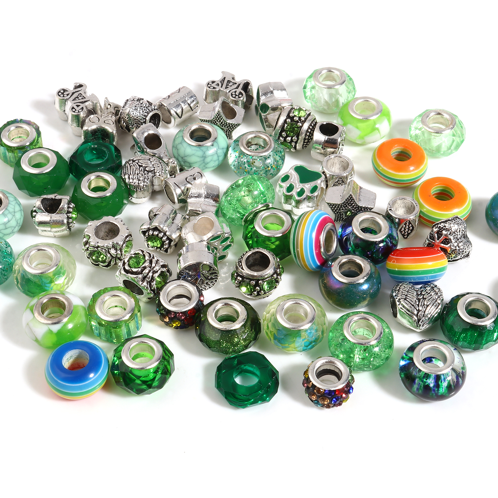 Picture of Zinc Based Alloy & Acrylic Large Hole Charm Beads Silver Tone Green Round At Random 14mm Dia., 9mm x 8mm, Hole: Approx 5.1mm - 4.5mm, 1 Set(60 Pcs/Set)
