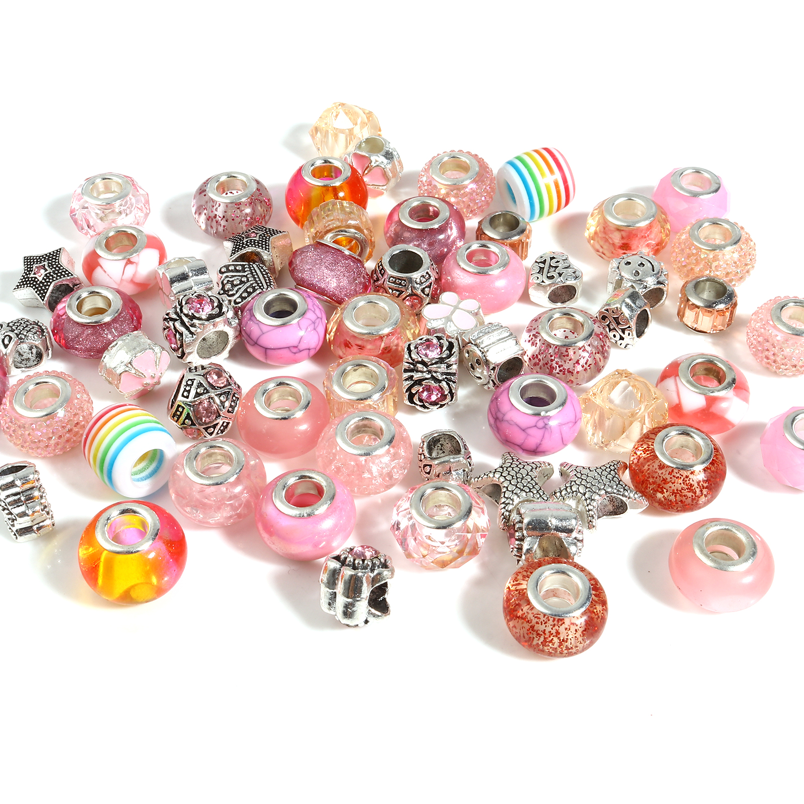 Picture of Zinc Based Alloy & Acrylic Large Hole Charm Beads Silver Tone Pink Round At Random 14mm Dia., 9mm x 8mm, Hole: Approx 5.1mm - 4.5mm, 1 Set(60 Pcs/Set)