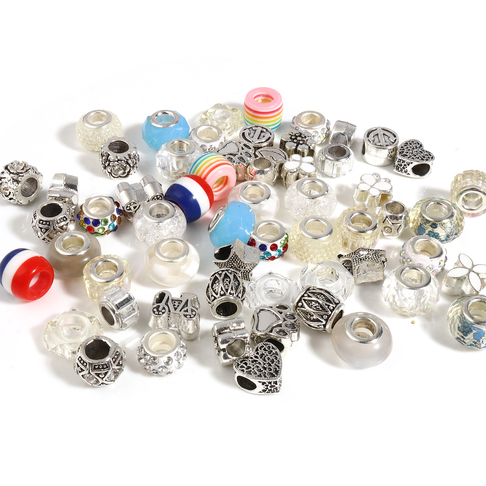 Picture of Zinc Based Alloy & Acrylic Large Hole Charm Beads Silver Tone At Random Color Round 14mm Dia., 9mm x 8mm, Hole: Approx 5.1mm - 4.5mm, 1 Set(60 Pcs/Set)