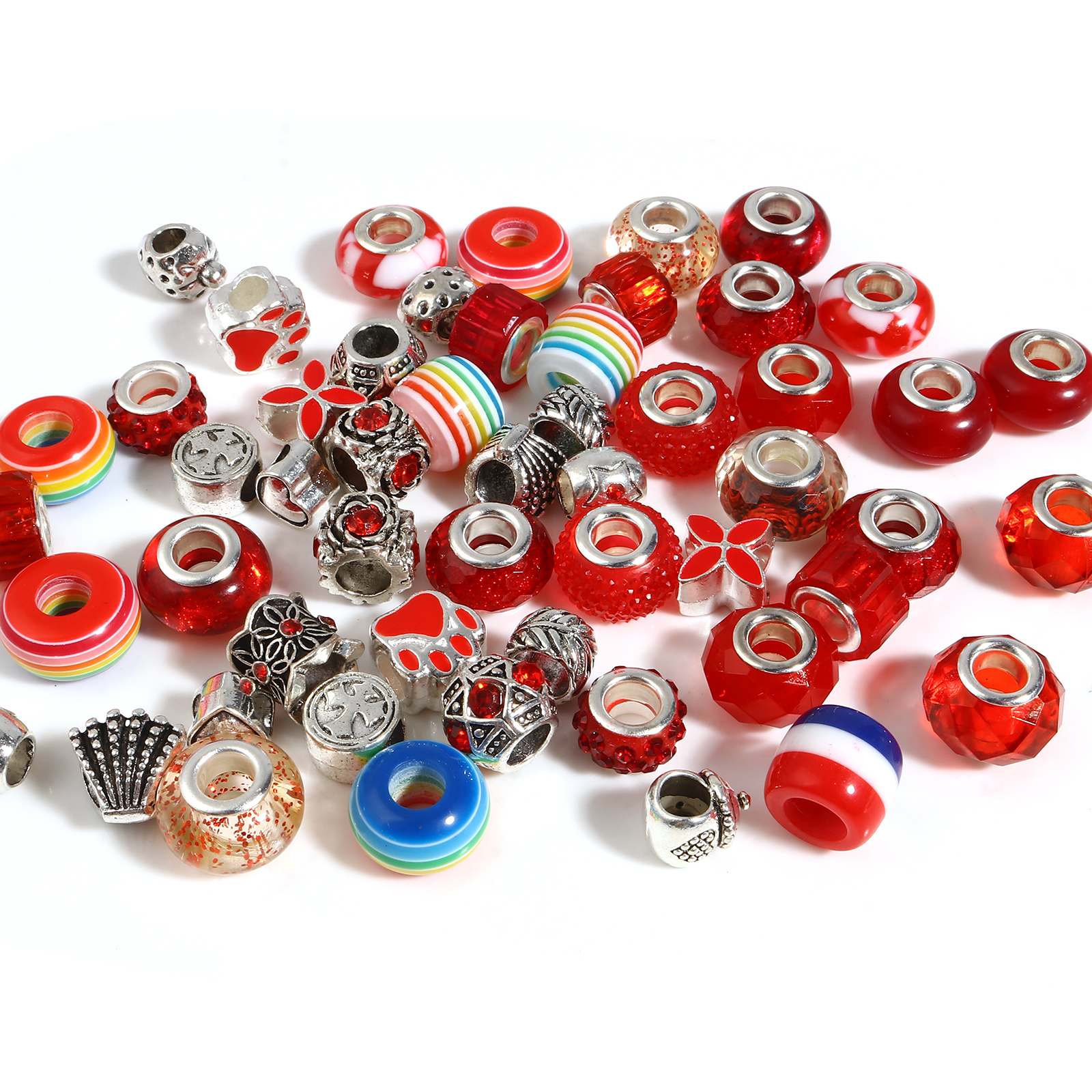 Picture of Zinc Based Alloy & Acrylic Large Hole Charm Beads Silver Tone Red Round At Random 14mm Dia., 9mm x 8mm, Hole: Approx 5.1mm - 4.5mm, 1 Set(60 Pcs/Set)