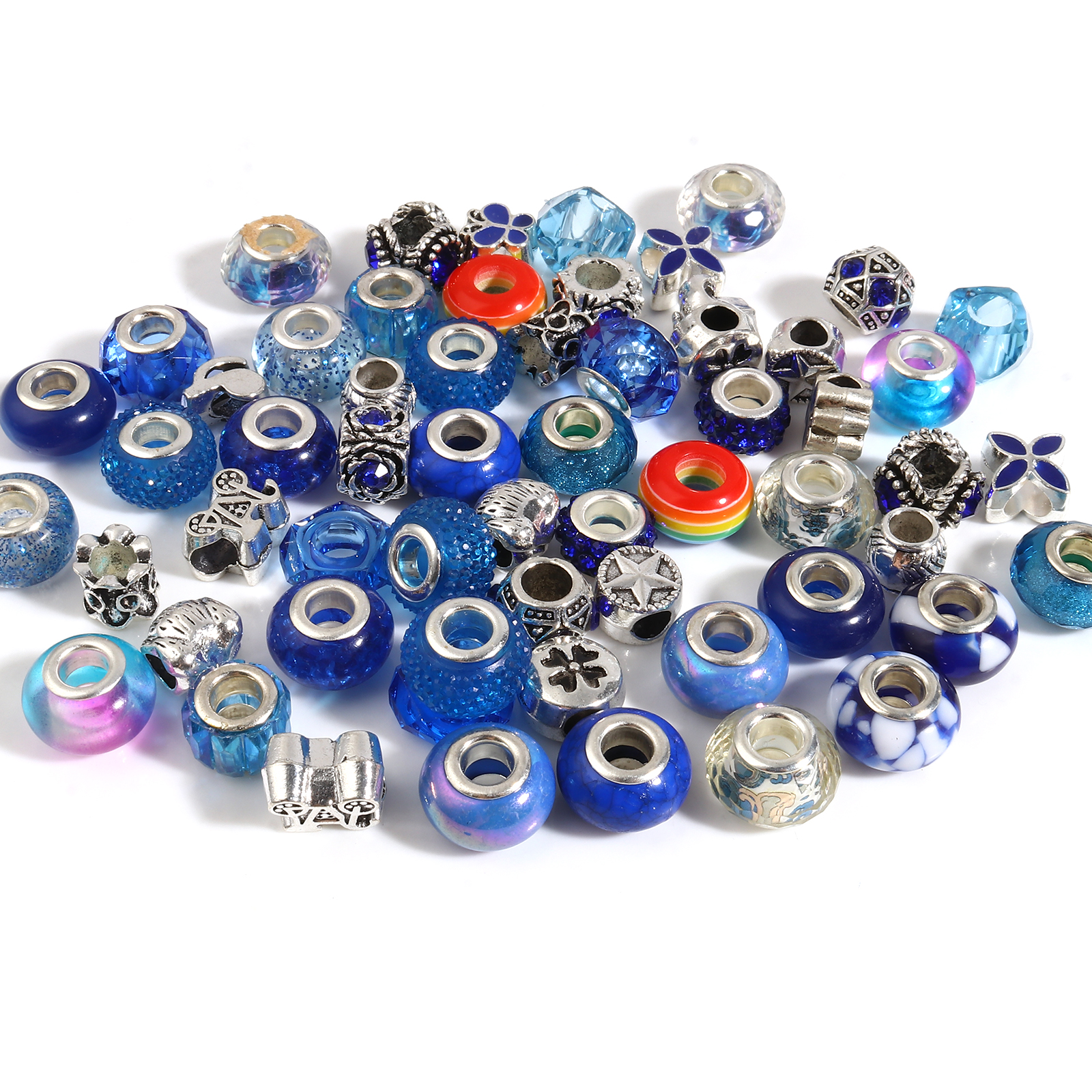 Picture of Zinc Based Alloy & Acrylic Large Hole Charm Beads Silver Tone Dark Blue Round At Random 14mm Dia., 9mm x 8mm, Hole: Approx 5.1mm - 4.5mm, 1 Set(60 Pcs/Set)