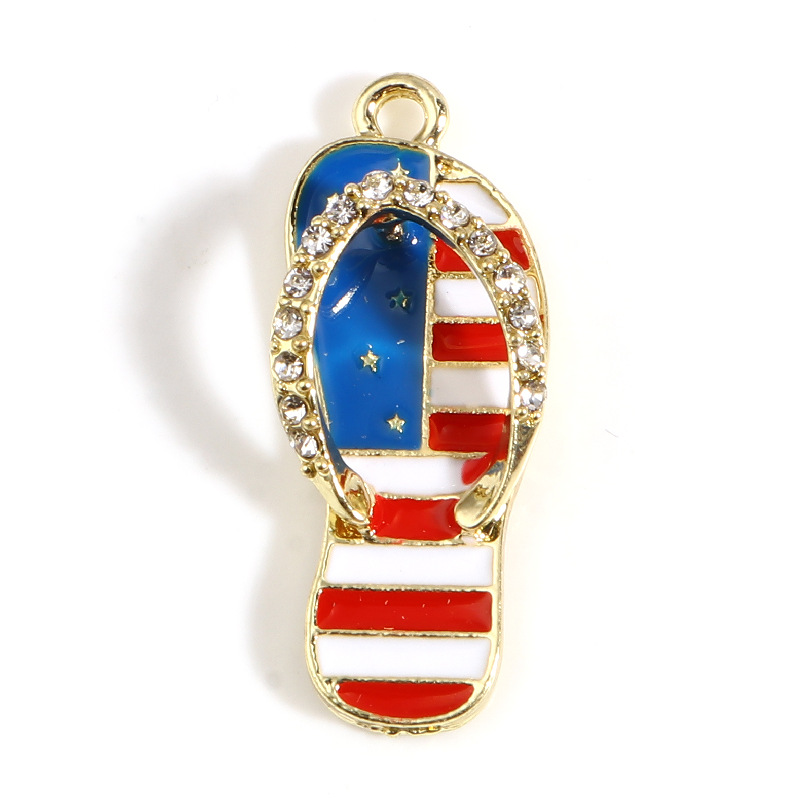 Picture of Zinc Based Alloy Sport Pendants Flip Flops Slipper Gold Plated Red & Blue Flag Of The United States Clear Rhinestone 33mm x 12mm, 5 PCs
