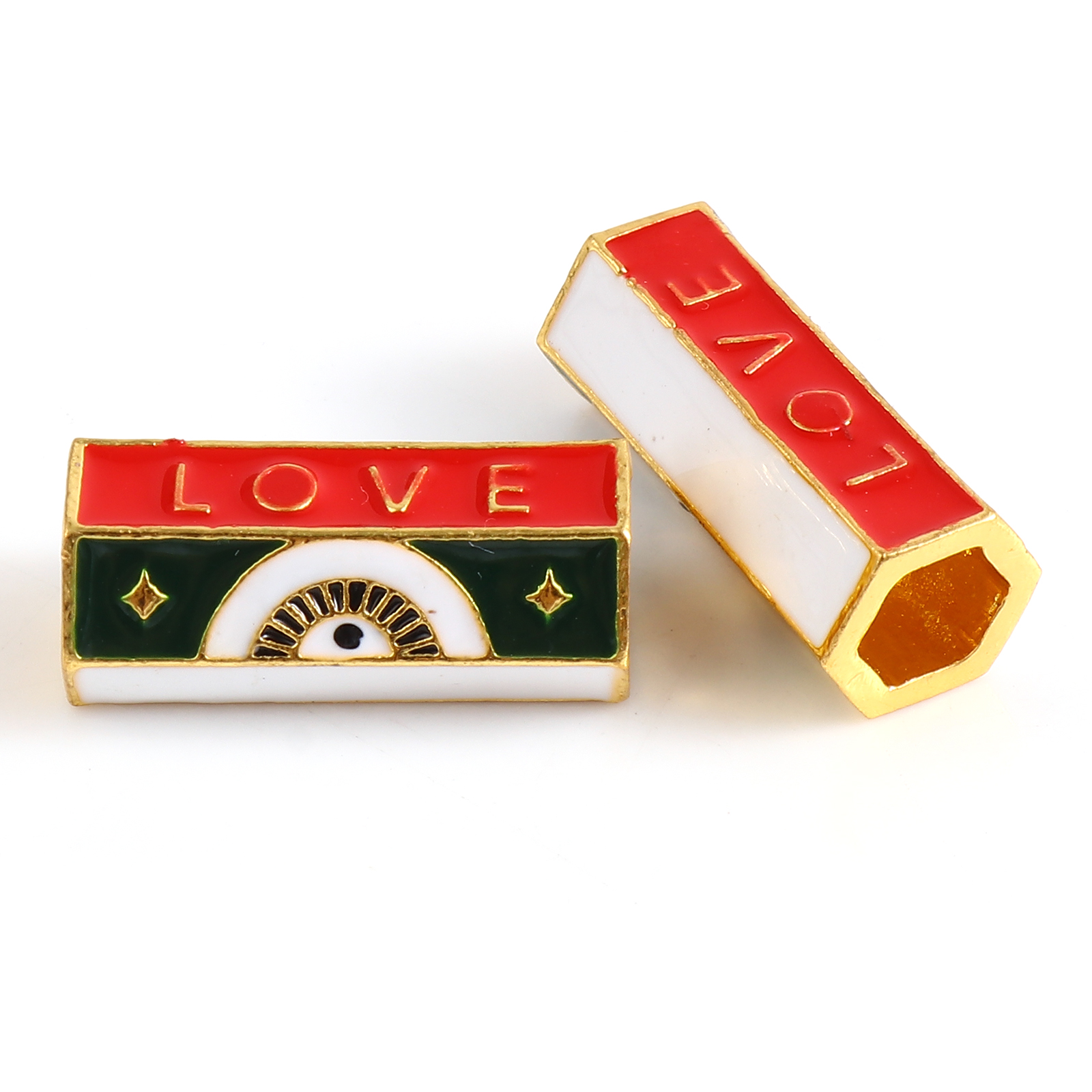 Picture of Zinc Based Alloy Religious Large Hole Charm Beads Gold Plated Red & Green Hexagonal Prism Evil Eye Message " LOVE " Enamel 20mm x 10mm, Hole: Approx 5.5mm, 1 Piece