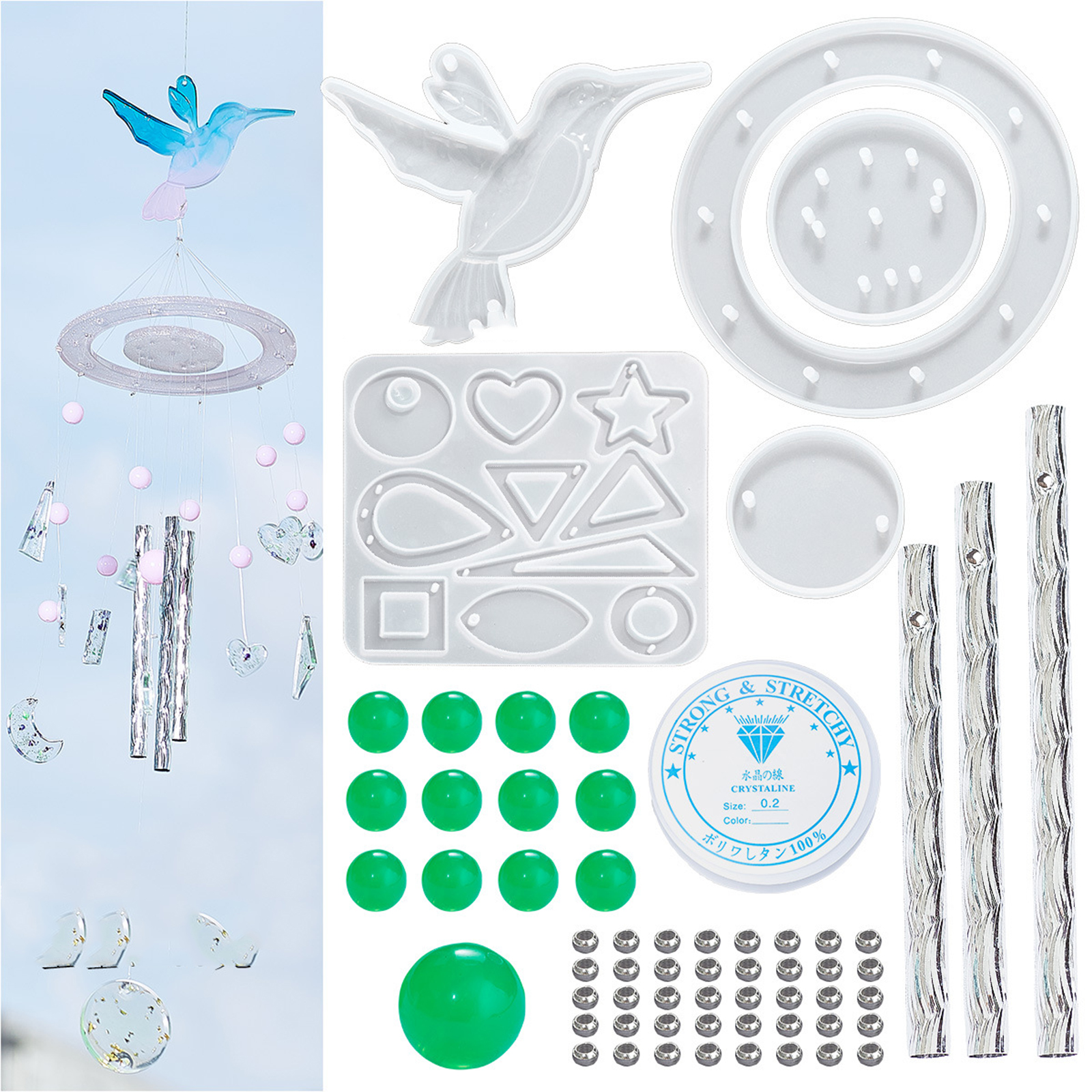 Picture of Silicone Resin Mold For Jewelry Making Wind Chime Material Package Set Hummingbird White 11.5cm - 1.6cm, 1 Set