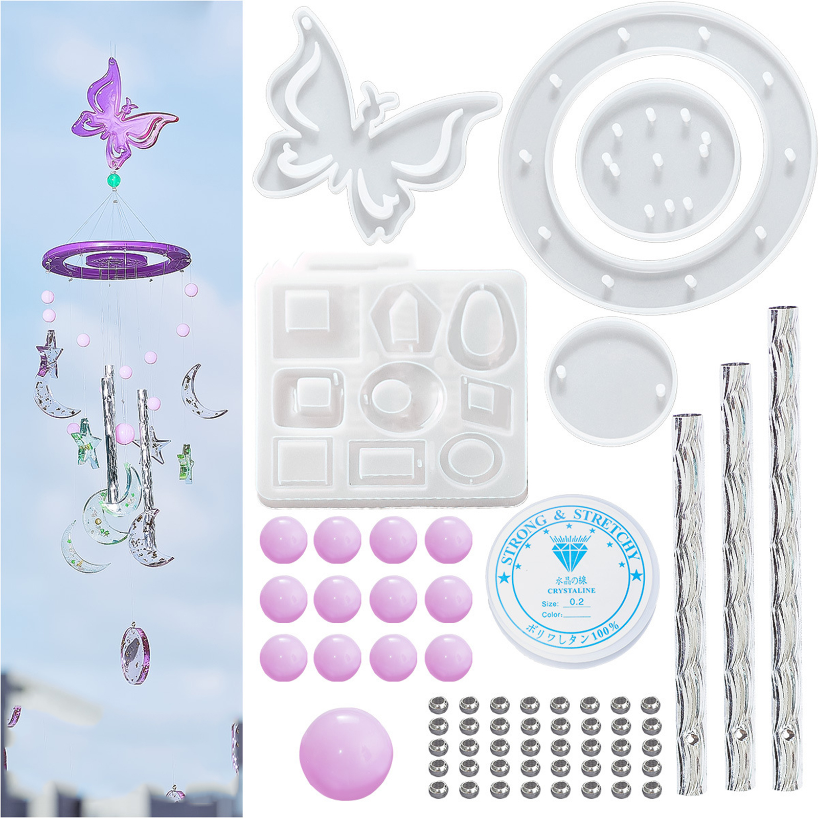 Picture of Silicone Resin Mold For Jewelry Making Wind Chime Material Package Set Butterfly Animal White 11.5cm - 1.6cm, 1 Set