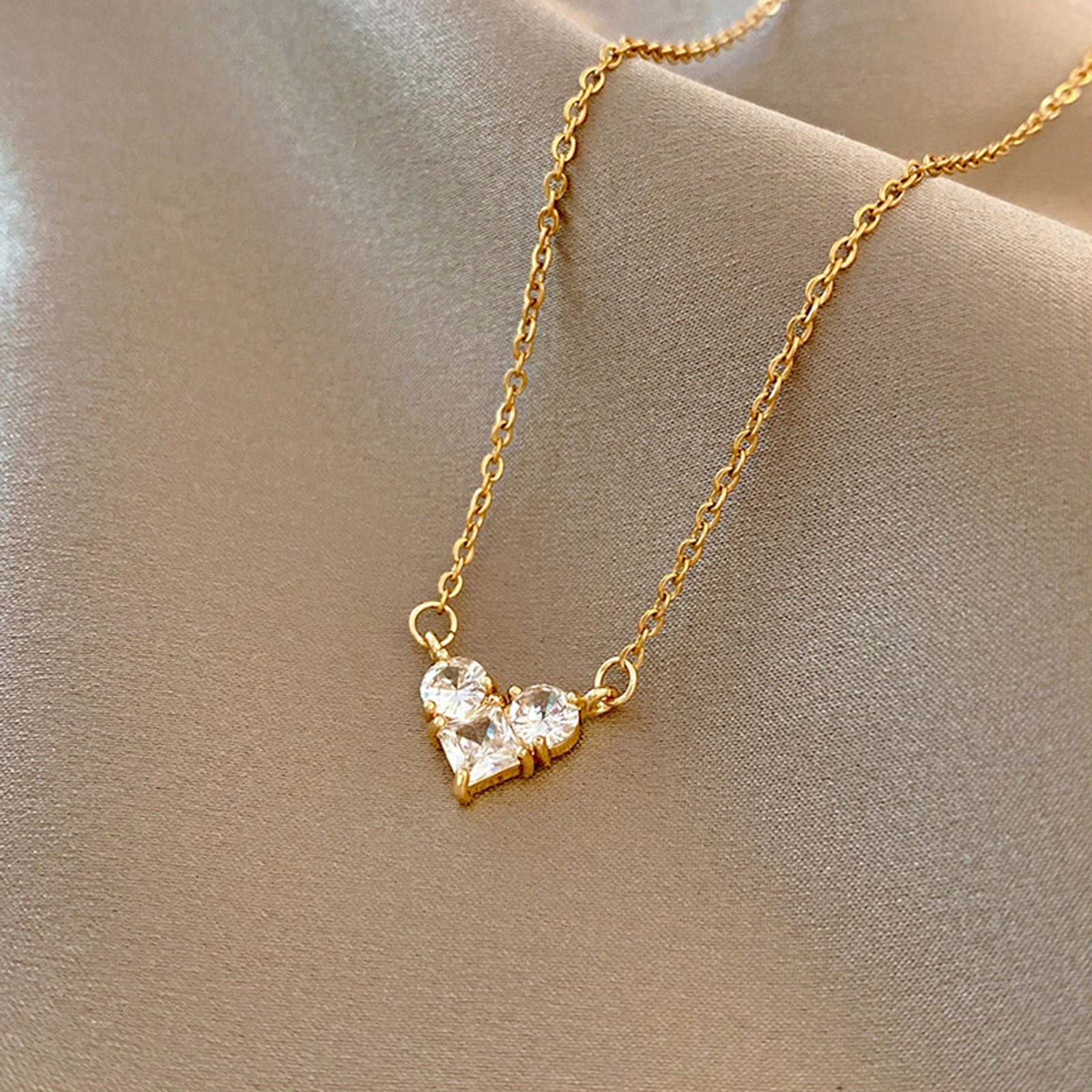 Picture of Stainless Steel Necklace Gold Plated Heart Clear Cubic Zirconia 40cm(15 6/8") long, 1 Piece