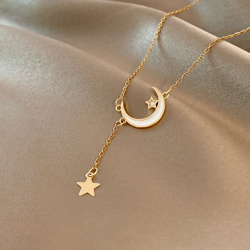Picture of Stainless Steel Necklace Gold Plated White Half Moon Star Clear Rhinestone 38.4cm long, 1 Piece