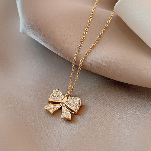Picture of Stainless Steel Necklace Gold Plated Bowknot Clear Rhinestone 40cm(15 6/8") long, 1 Piece
