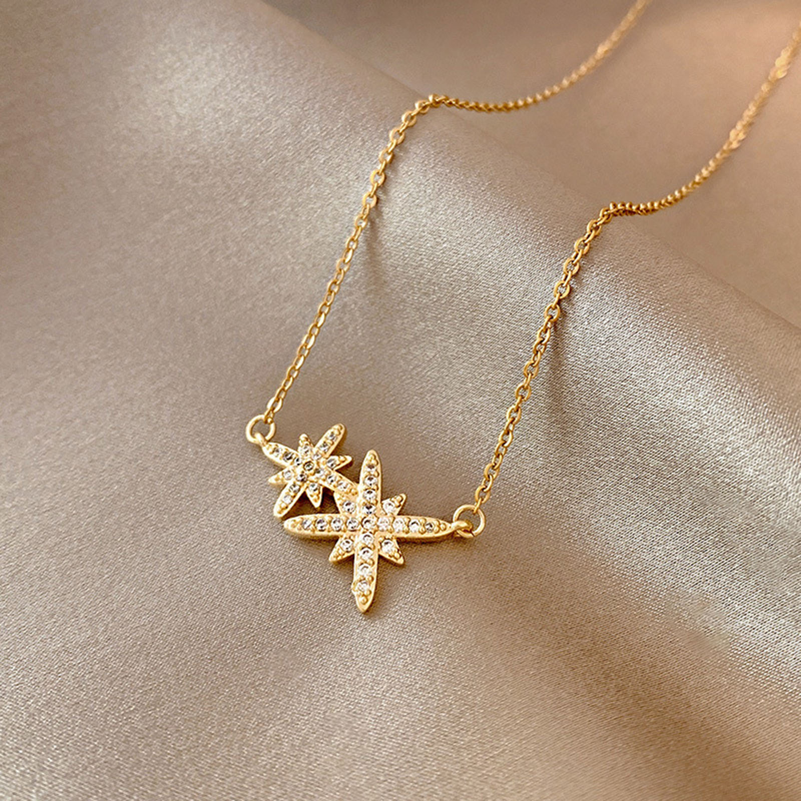 Picture of Stainless Steel Necklace Gold Plated Star Clear Rhinestone 40cm(15 6/8") long, 1 Piece