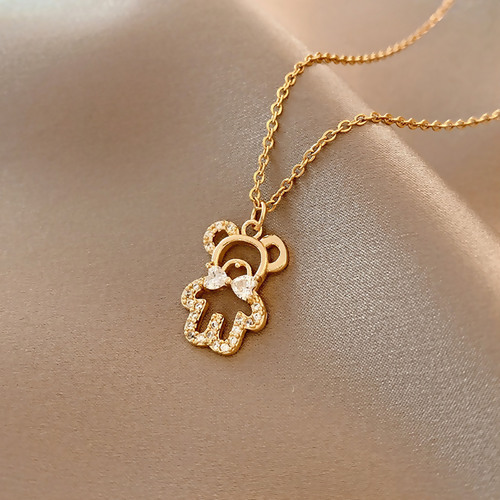Picture of Stainless Steel Necklace Gold Plated Bear Animal Bowknot Clear Rhinestone 40cm(15 6/8") long, 1 Piece