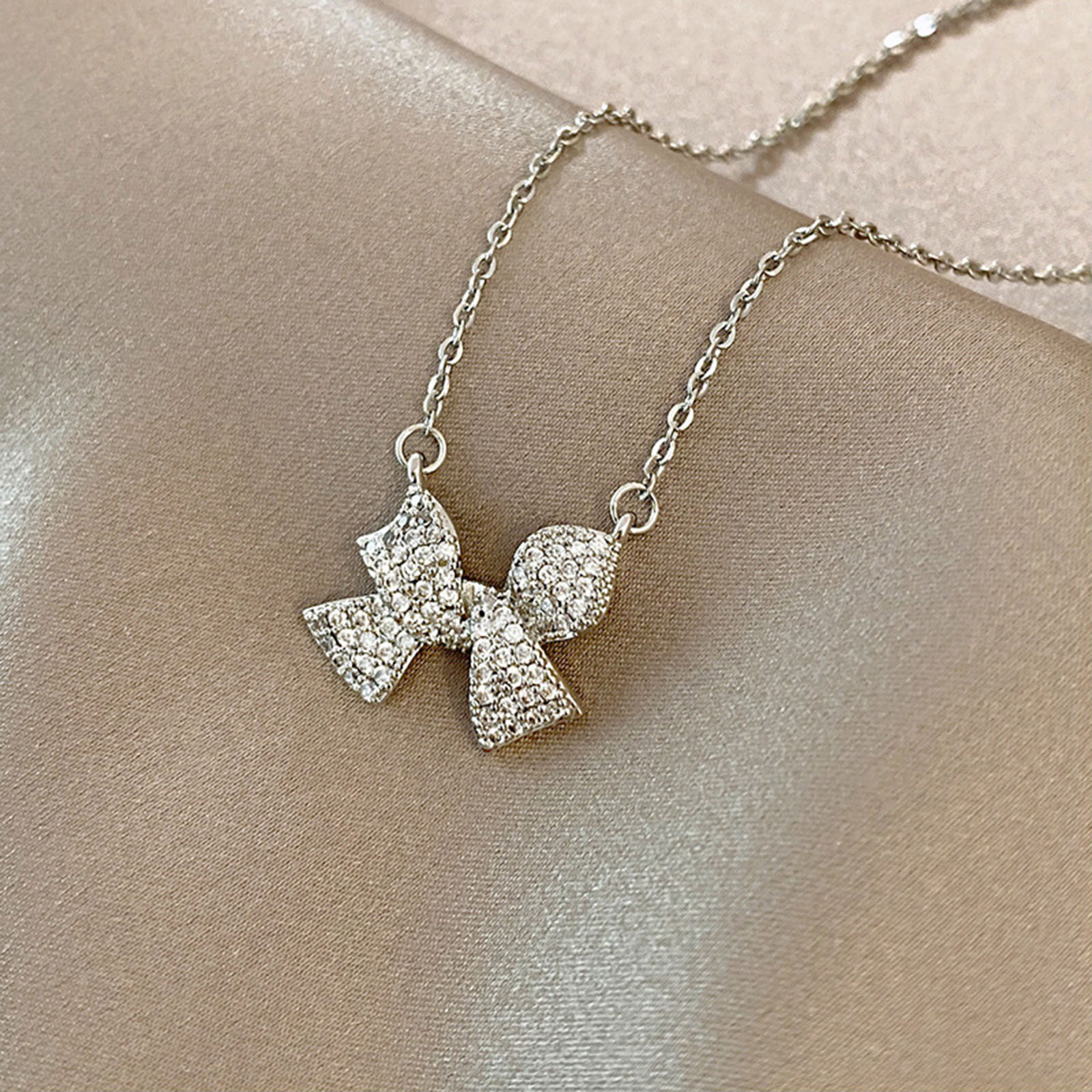 Picture of Stainless Steel Necklace Silver Tone Bowknot Clear Rhinestone 40cm(15 6/8") long, 1 Piece