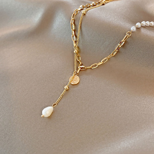 Picture of Stainless Steel & Acrylic Necklace Gold Plated White Round Head Portrait Imitation Pearl 40cm(15 6/8") long, 1 Piece