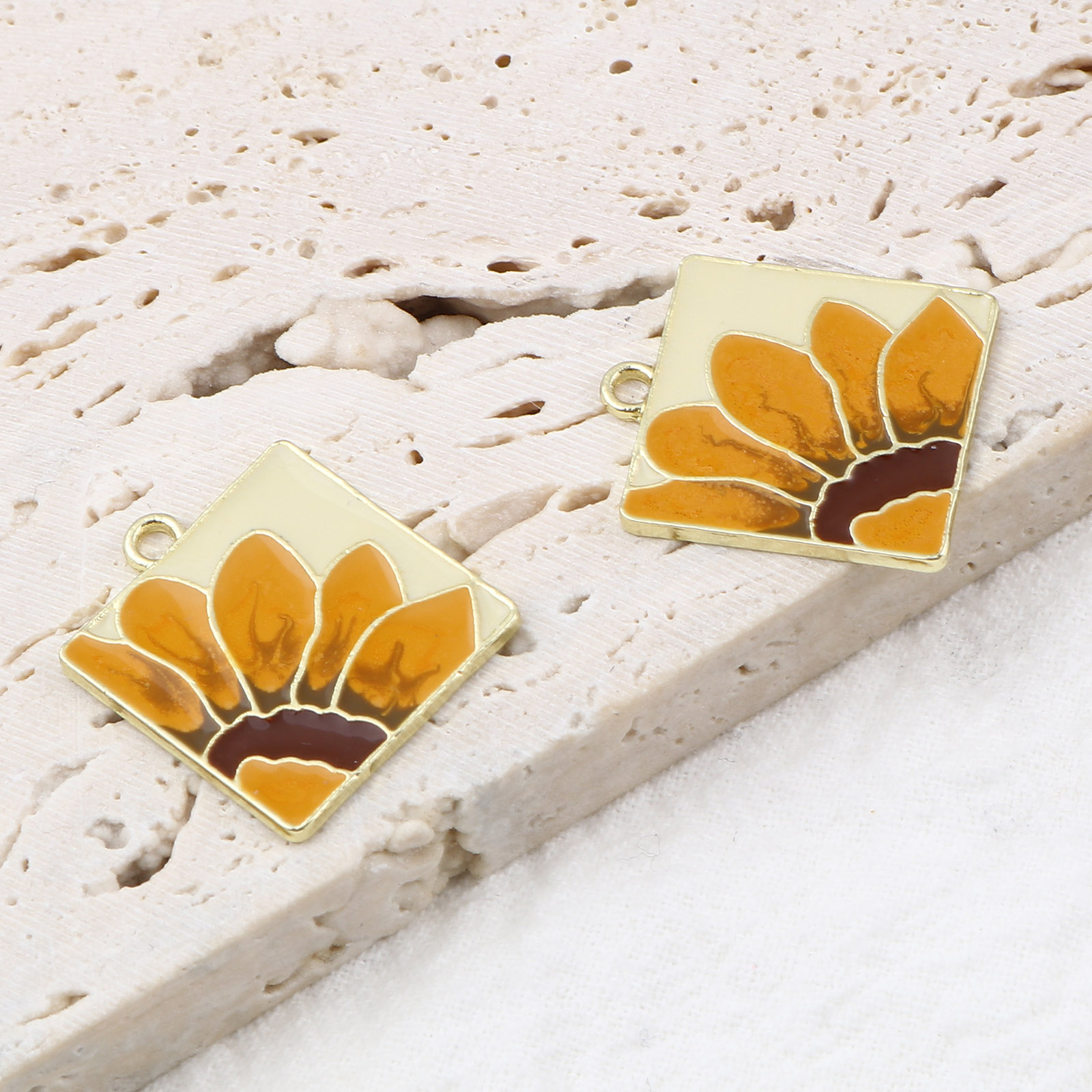 Picture of Zinc Based Alloy Charms Square Gold Plated Yellow & Orange Flower 21mm x 18mm, 5 PCs