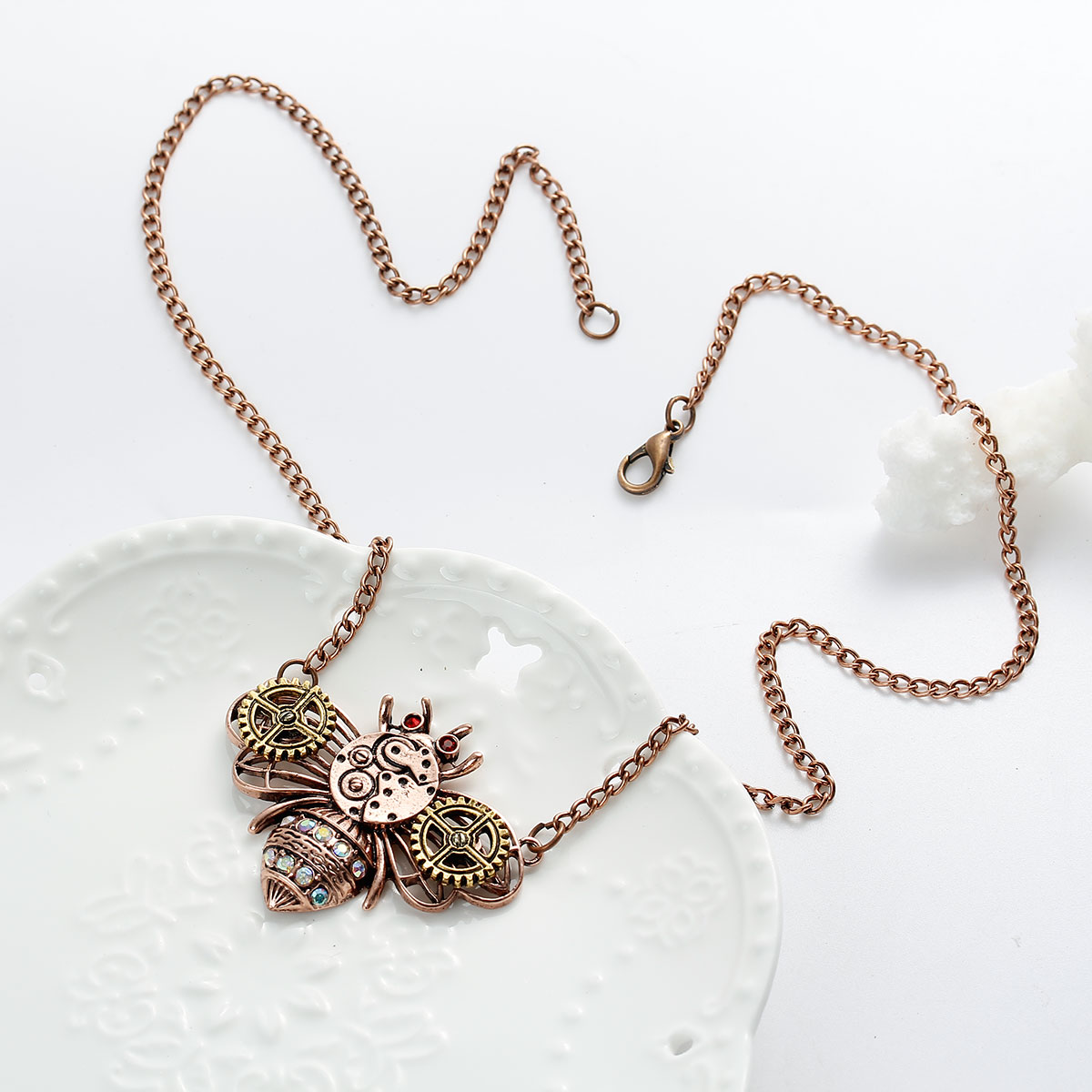 Picture of New Fashion Steampunk Necklace Link Curb Chain Antique Copper Bees Gear Connector With Multicolor Rhinestone 61.0cm(24") long, 1 Piece