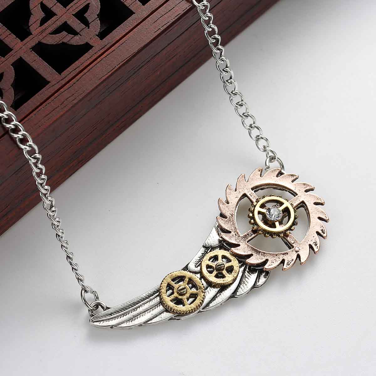 Picture of New Fashion Steampunk Necklace Link Curb Chain Antique Silver Wing Gear Pendant With Clear Rhinestone 63.5cm(25") long, 1 Piece