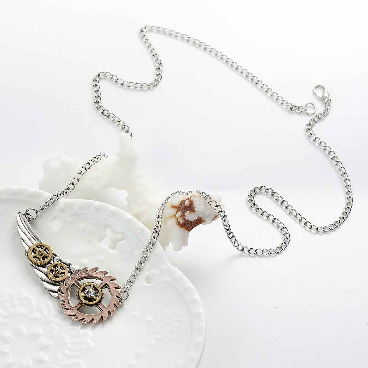 Picture of New Fashion Steampunk Necklace Link Curb Chain Antique Silver Wing Gear Pendant With Clear Rhinestone 63.5cm(25") long, 1 Piece