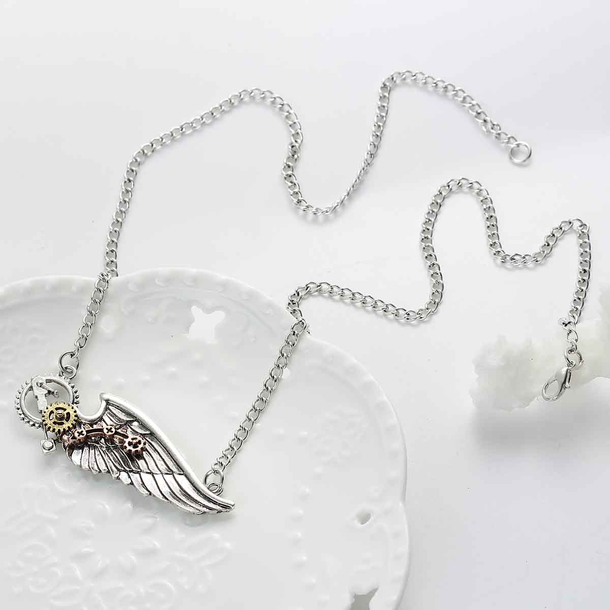 Picture of New Fashion Steampunk Necklace Link Curb Chain Antique Silver Wing Gear Connector 63.2cm(24 7/8") long, 1 Piece