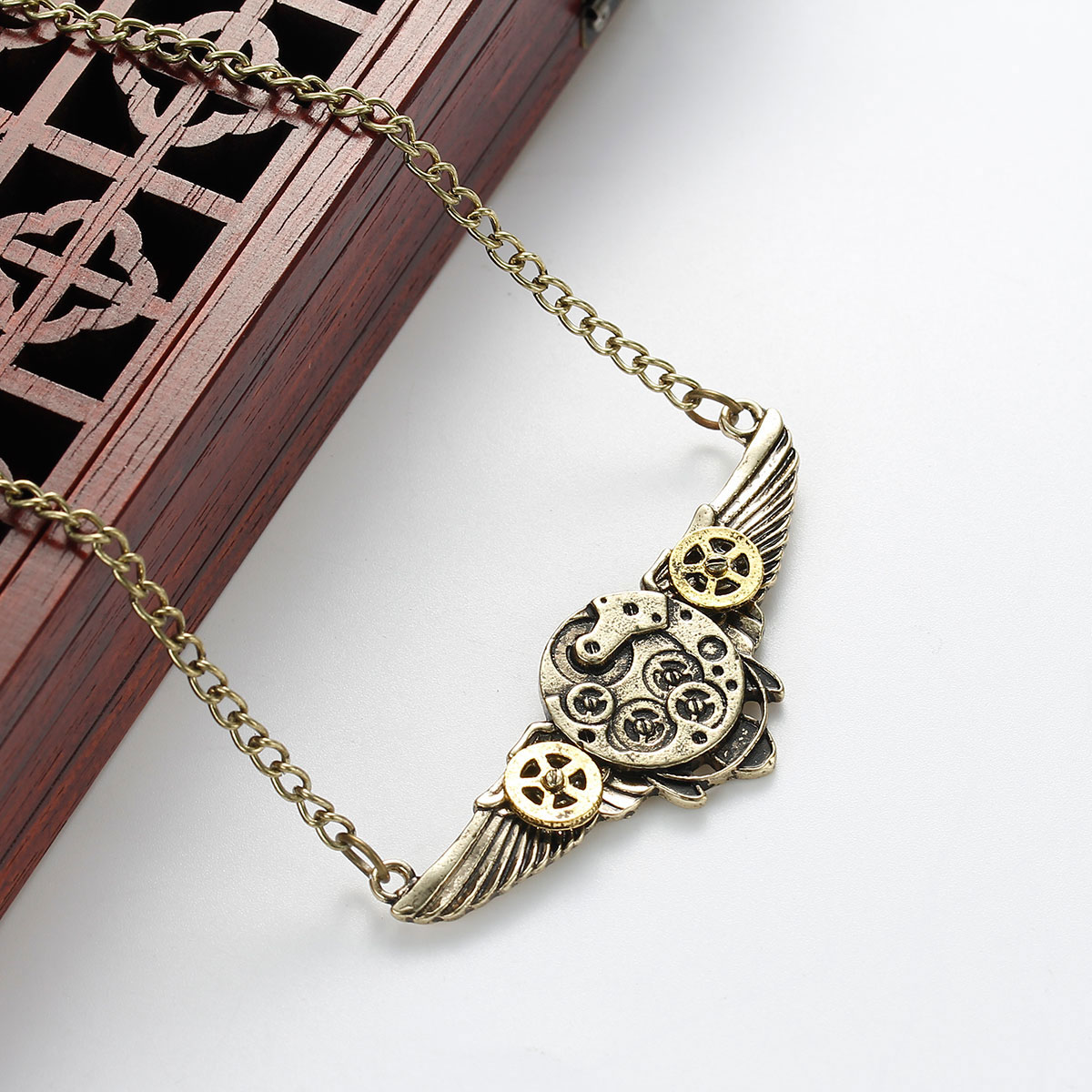 Picture of New Fashion Steampunk Necklace Link Curb Chain Antique Bronze Wing Gear Connector 64.2cm(25 2/8") long, 1 Piece