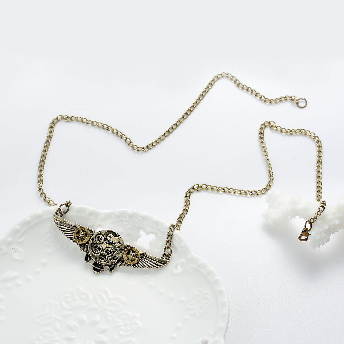 Picture of New Fashion Steampunk Necklace Link Curb Chain Antique Bronze Wing Gear Connector 64.2cm(25 2/8") long, 1 Piece
