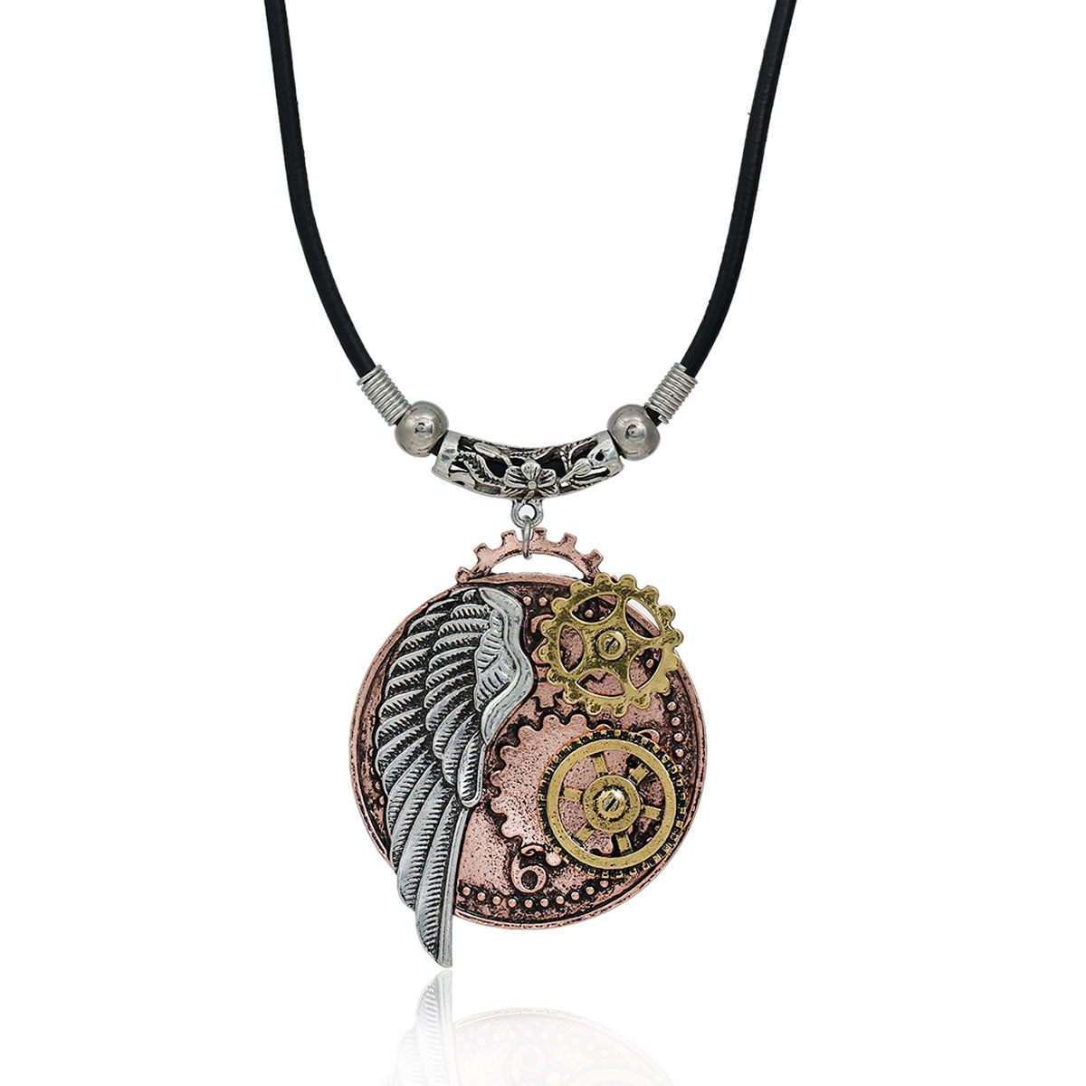 Picture of New Fashion Steampunk Necklace Black Cord Chain Multicolor Round Wing Gear Pendant 58.8cm(23 1/8") long, 1 Piece