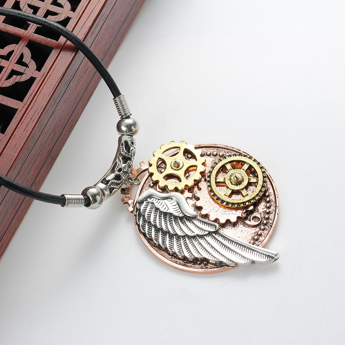 Picture of New Fashion Steampunk Necklace Black Cord Chain Multicolor Round Wing Gear Pendant 58.8cm(23 1/8") long, 1 Piece