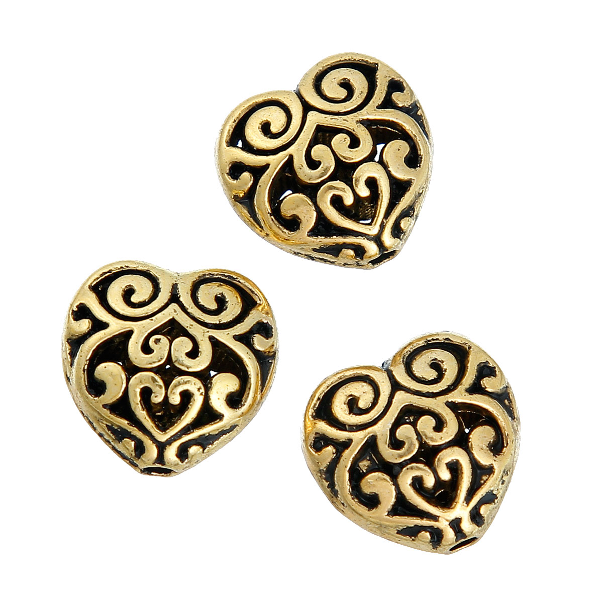 Picture of Zinc Based Alloy Beads Heart Gold Tone Antique Gold Hollow About 13mm x 13mm, 10 PCs