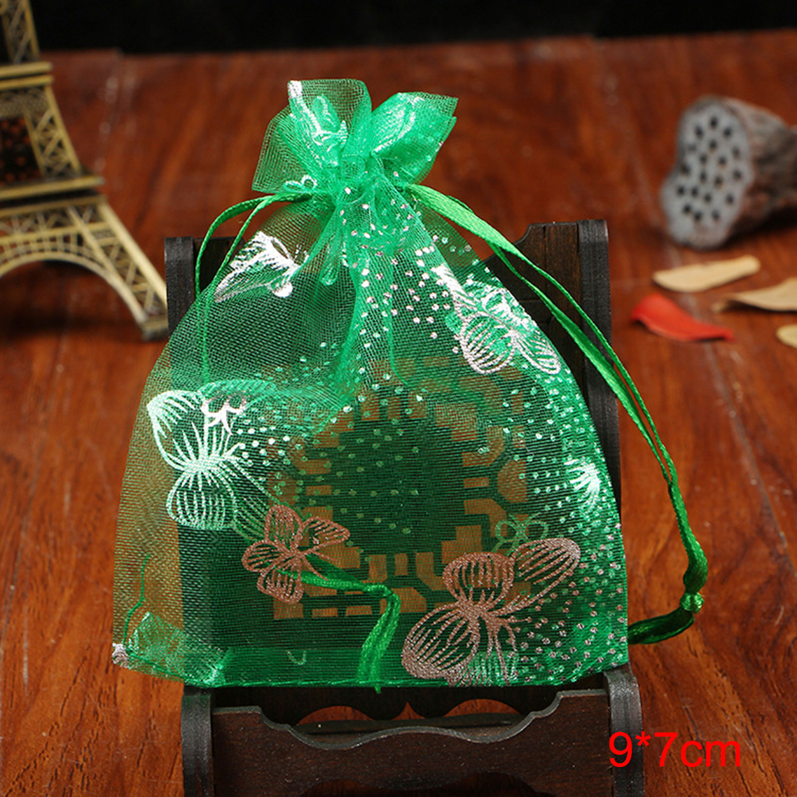 Picture of Wedding Gift Organza Drawstring Bags Grass Green Butterfly 9cm x7cm(3 4/8" x2 6/8"), 20 PCs