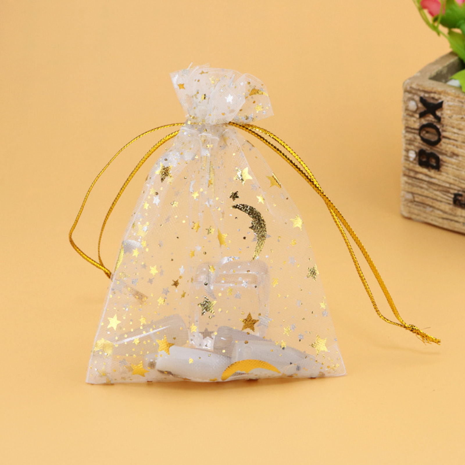 Picture of Wedding Gift Organza Galaxy Drawstring Bags Half Moon White Star 12cm x9cm(4 6/8" x3 4/8"), 20 PCs
