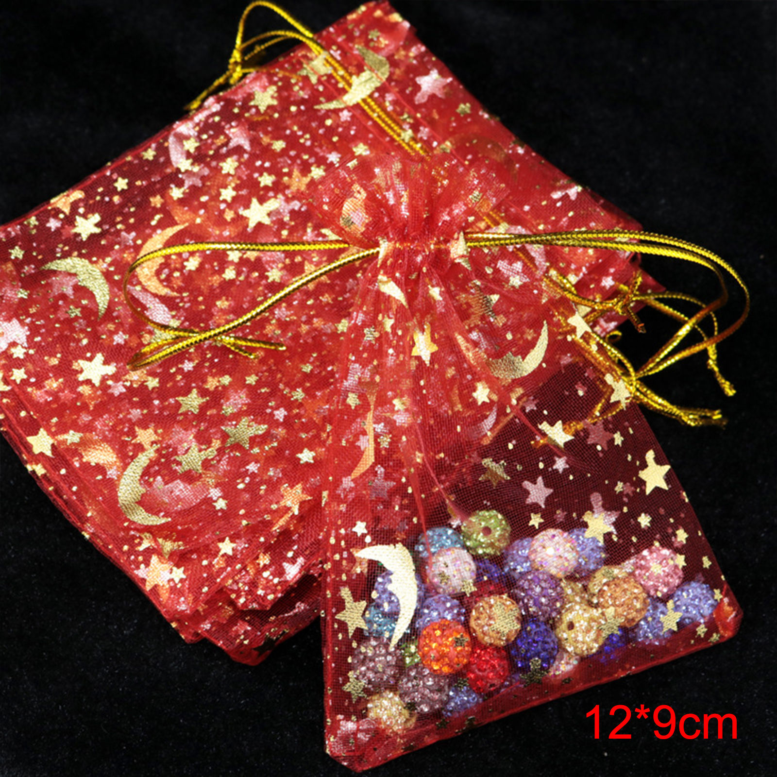 Picture of Wedding Gift Organza Galaxy Drawstring Bags Half Moon Red Star 12cm x9cm(4 6/8" x3 4/8"), 20 PCs