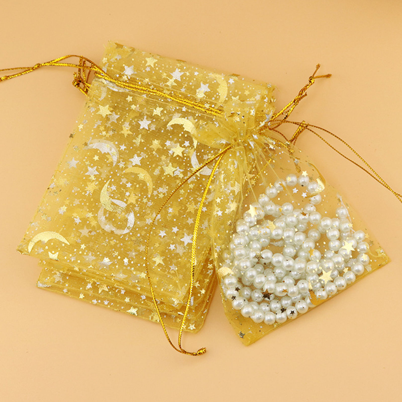 Picture of Wedding Gift Organza Galaxy Drawstring Bags Half Moon Golden Star 12cm x9cm(4 6/8" x3 4/8"), 20 PCs