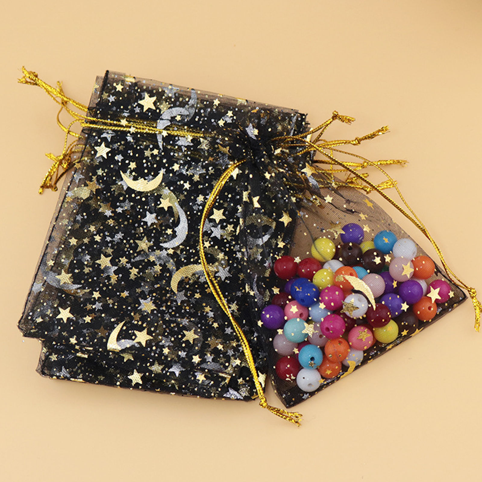 Picture of Wedding Gift Organza Galaxy Drawstring Bags Half Moon Black Star 12cm x9cm(4 6/8" x3 4/8"), 20 PCs