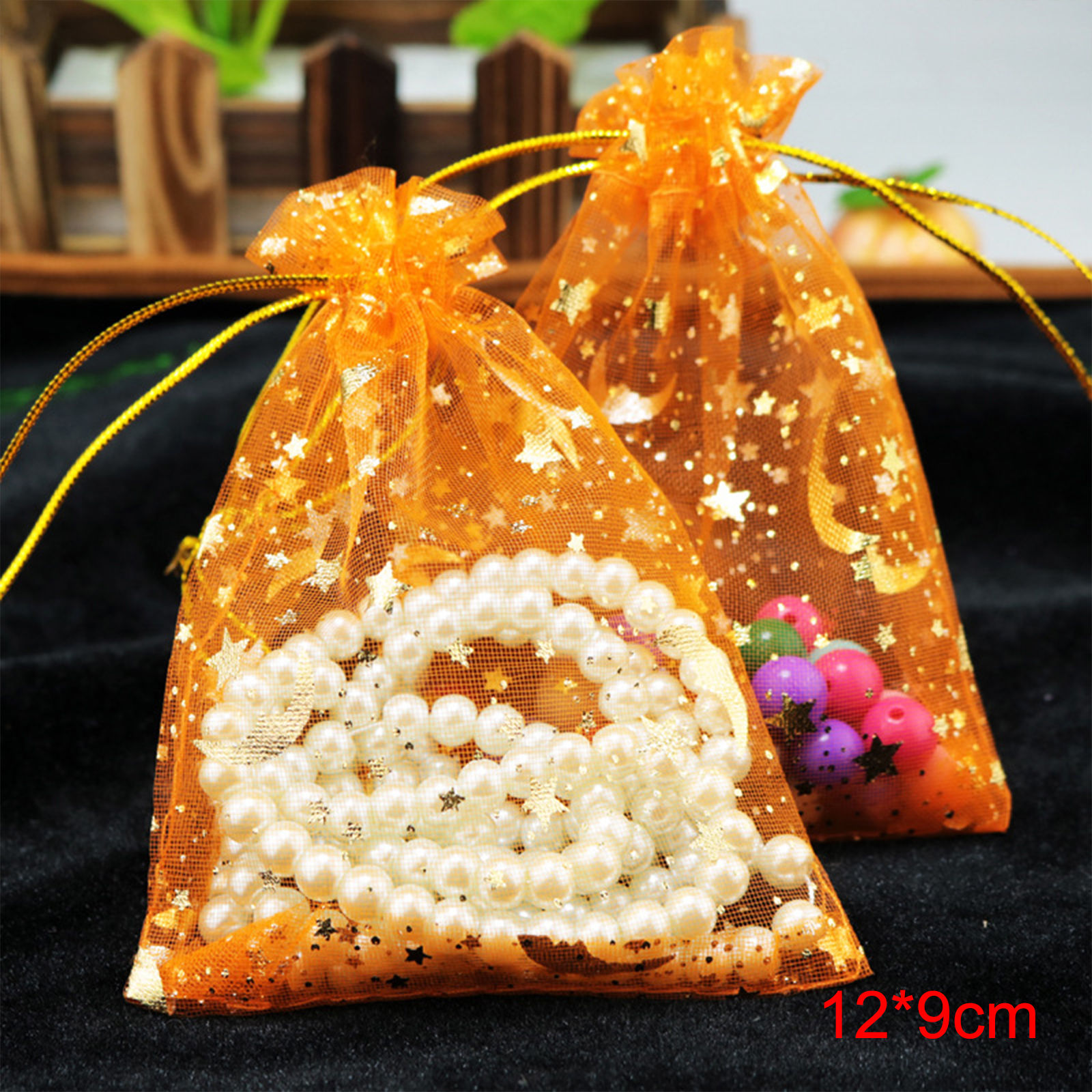 Picture of Wedding Gift Organza Galaxy Drawstring Bags Half Moon Orange Star 12cm x9cm(4 6/8" x3 4/8"), 20 PCs