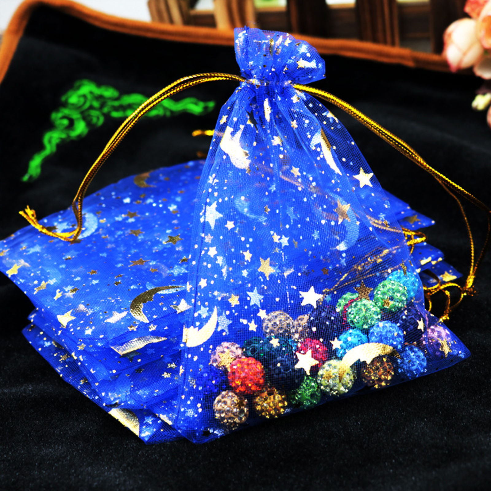Picture of Wedding Gift Organza Galaxy Drawstring Bags Half Moon Royal Blue Star 12cm x9cm(4 6/8" x3 4/8"), 20 PCs