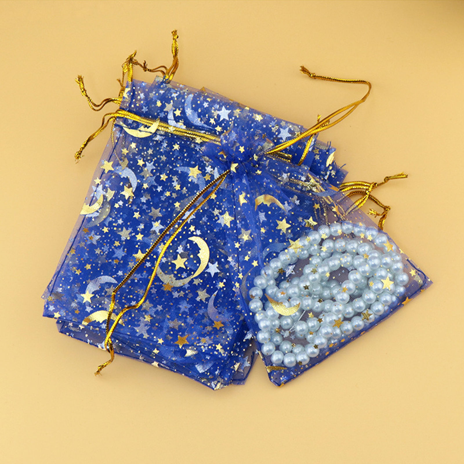 Picture of Wedding Gift Organza Galaxy Drawstring Bags Half Moon Royal Blue Star 12cm x9cm(4 6/8" x3 4/8"), 20 PCs