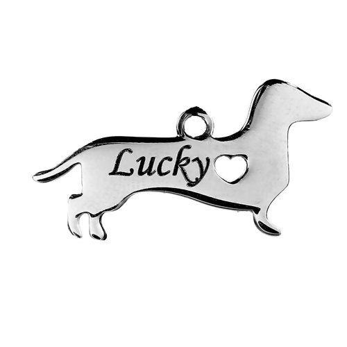 Picture of 1 Piece 304 Stainless Steel Pet Silhouette Blank Stamping Tags Pendants Dachshund Animal Heart Silver Tone Double-sided Polishing 30mm x 16mm