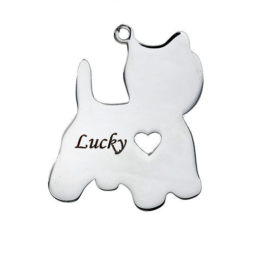 Picture of 1 Piece 304 Stainless Steel Pet Silhouette Blank Stamping Tags Pendants Yorkie Animal Heart Silver Tone Double-sided Polishing 30mm x 25mm