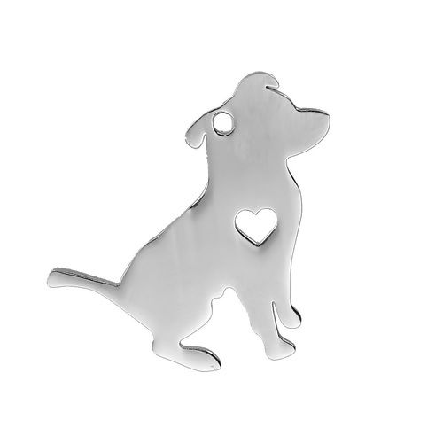 Picture of 304 Stainless Steel Pet Silhouette Blank Stamping Tags Pendants Pit Bull Terrier Animal Heart Silver Tone One-sided Polishing 31mm x 29mm, 1 Piece